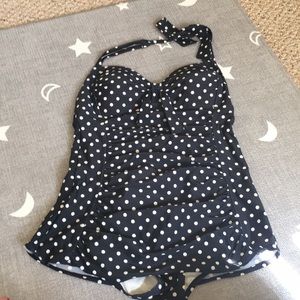 Navy blue & white polka dot one piece bathing suit